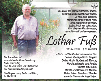 Traueranzeige von Lothar Fuß von Südthüringer Presse