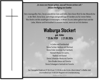 Traueranzeige von Walburga Stockert von Südthüringer Presse