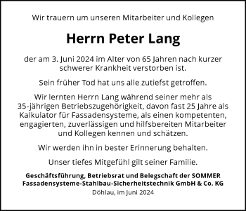Traueranzeige von Peter Lang von Frankenpost