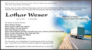 Traueranzeige von Lothar Weser von Südthüringer Presse