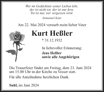 Traueranzeige von Kurt Heßler von Südthüringer Presse