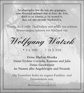 Traueranzeige von Wolfgang Watzek von Südthüringer Presse