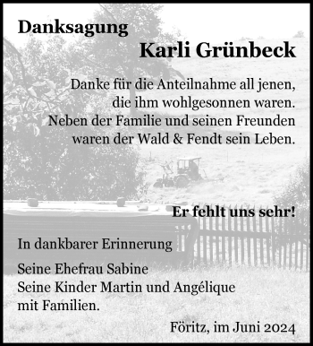 Traueranzeige von Karli Grünbeck von Südthüringer Presse