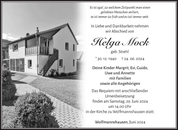 Traueranzeige von Helga Mock von Südthüringer Presse