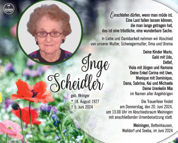 Traueranzeige von Inge Scheidler von Südthüringer Presse