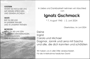 Traueranzeige von Ignatz Gschmack von Frankenpost