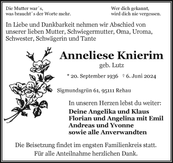 Traueranzeige von Anneliese Knierim von Frankenpost