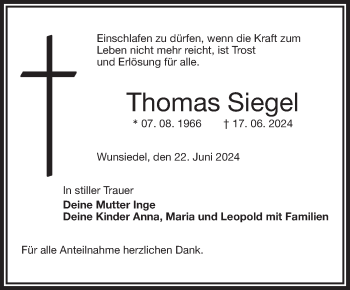 Traueranzeige von Thomas Siegel von Frankenpost