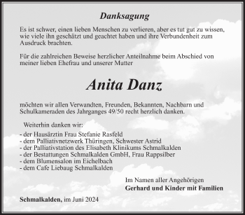 Traueranzeige von Anita Danz von Südthüringer Presse