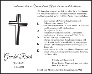 Traueranzeige von Gerald Reich von Südthüringer Presse