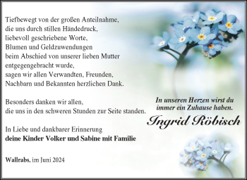 Traueranzeige von Ingrid Röbisch von Südthüringer Presse