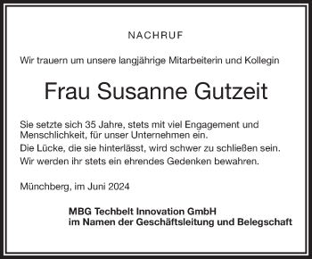 Traueranzeige von Susanne Gutzeit von Frankenpost