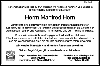 Traueranzeige von Manfred Horn von Frankenpost