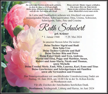 Traueranzeige von Ruth Schubert von Südthüringer Presse