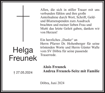 Traueranzeige von Helga Freunek von Frankenpost