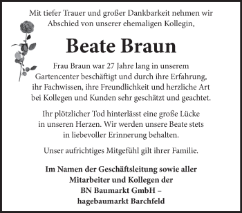 Traueranzeige von Beate Braun von Südthüringer Presse