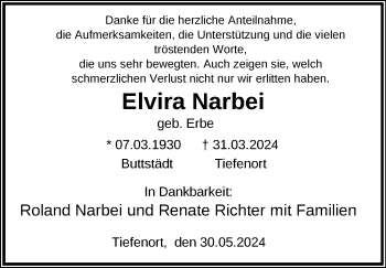 Traueranzeige von Elvira Narbei von Südthüringer Presse