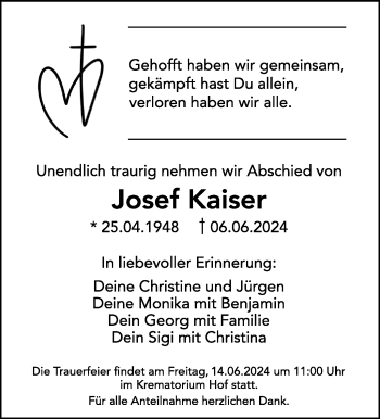 Traueranzeige von Josef Kaiser von Frankenpost