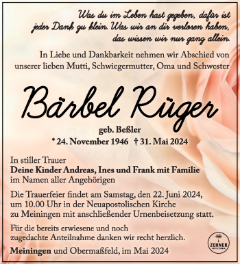 Traueranzeige von Bärbel Rüger von Südthüringer Presse