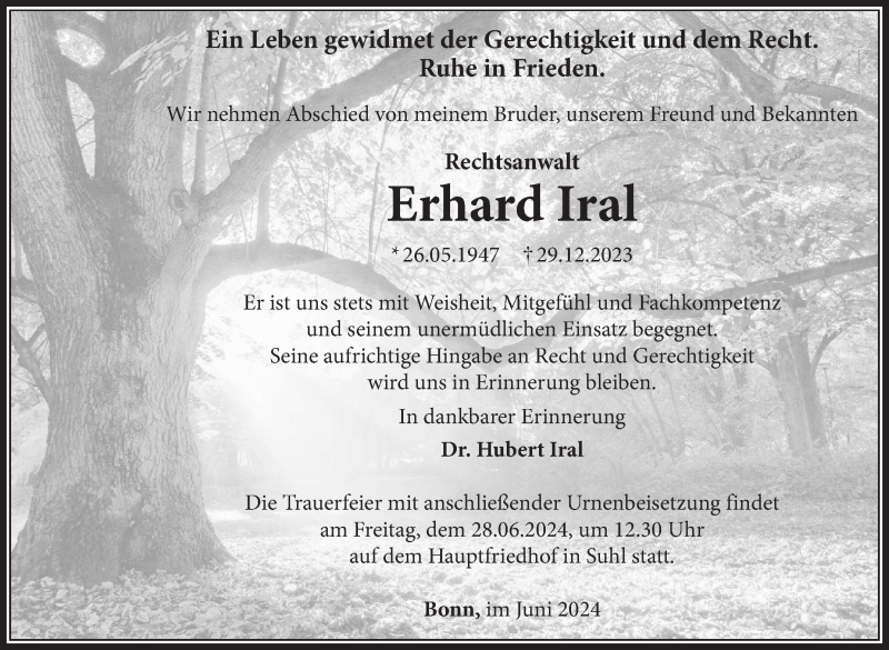  Traueranzeige für Erhard Iral vom 22.06.2024 aus Südthüringer Presse