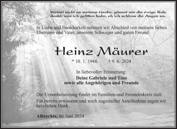 Traueranzeige von Heinz Mäurer von Südthüringer Presse