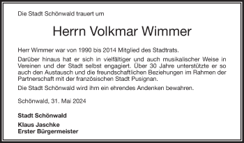 Traueranzeige von Volkmar Wimmer von Frankenpost