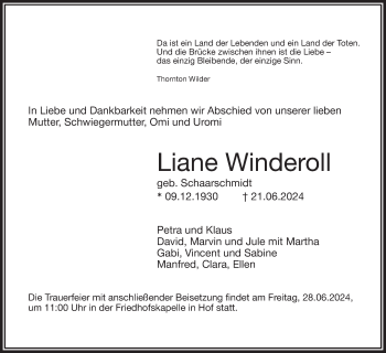 Traueranzeige von Liane Winderoll von Frankenpost