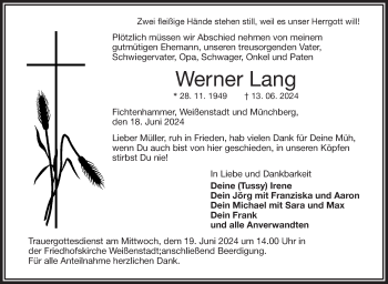 Traueranzeige von Werner Lang von Frankenpost