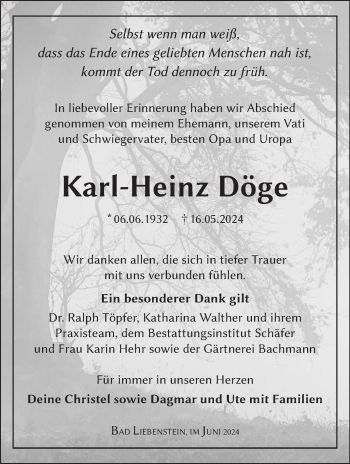 Traueranzeige von Karl-Heinz Döge von Südthüringer Presse