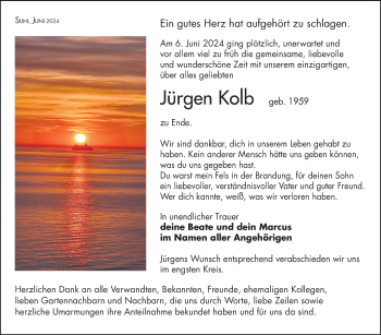 Traueranzeige von Jürgen Kolb von Südthüringer Presse