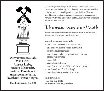 Traueranzeige von Thomas van der Weth von Südthüringer Presse