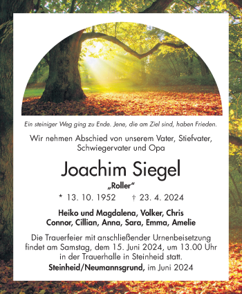 Traueranzeige von Joachim Siegel von Südthüringer Presse