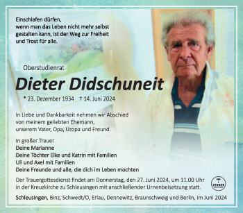 Traueranzeige von Dieter Didschuneit von Südthüringer Presse