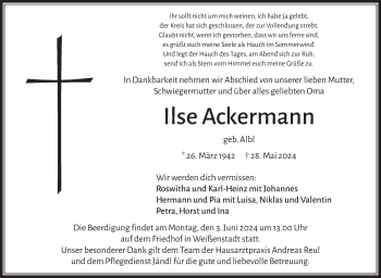 Traueranzeige von Ilse Ackermann von Frankenpost