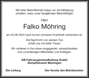 Traueranzeige von Falko Möhring von Südthüringer Presse