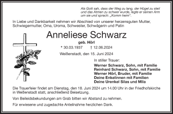 Traueranzeige von Anneliese Schwarz von Frankenpost