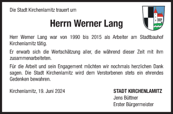 Traueranzeige von Werner Lang von Frankenpost