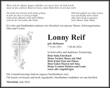 Traueranzeige von Lonny Reif von Südthüringer Presse