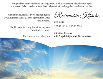 Traueranzeige von Rosemarie Kirsche von Südthüringer Presse