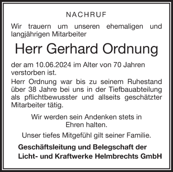 Traueranzeige von Gerhard Ordnung von Frankenpost