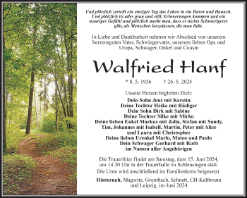 Traueranzeige von Walfried Hanf von Südthüringer Presse