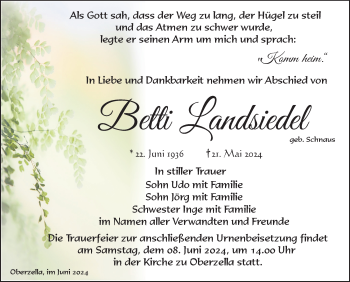 Traueranzeige von Betti Landsiedel von Südthüringer Presse