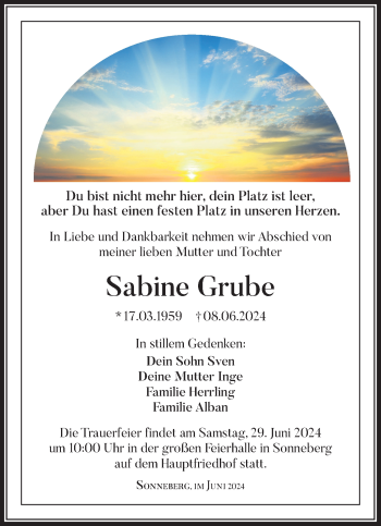 Traueranzeige von Sabine Grube von Südthüringer Presse
