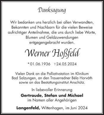 Traueranzeige von Werner Hoßfeld von Südthüringer Presse