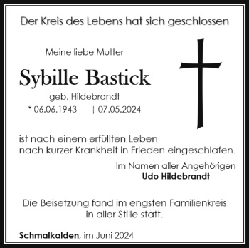 Traueranzeige von Sybille Bastick von Südthüringer Presse