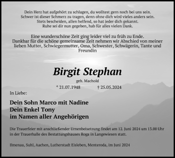 Traueranzeige von Birgit Stephan von Südthüringer Presse