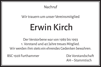 Traueranzeige von Erwin Kirch von Frankenpost