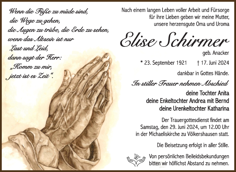 Traueranzeige für Elise Schirmer vom 22.06.2024 aus Südthüringer Presse