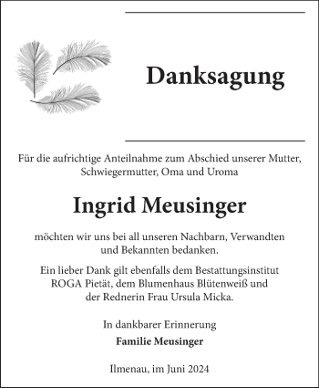 Traueranzeige von Ingrid Meusinger von Südthüringer Presse
