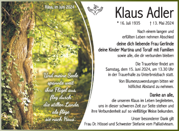 Traueranzeige von Klaus Adler von Südthüringer Presse